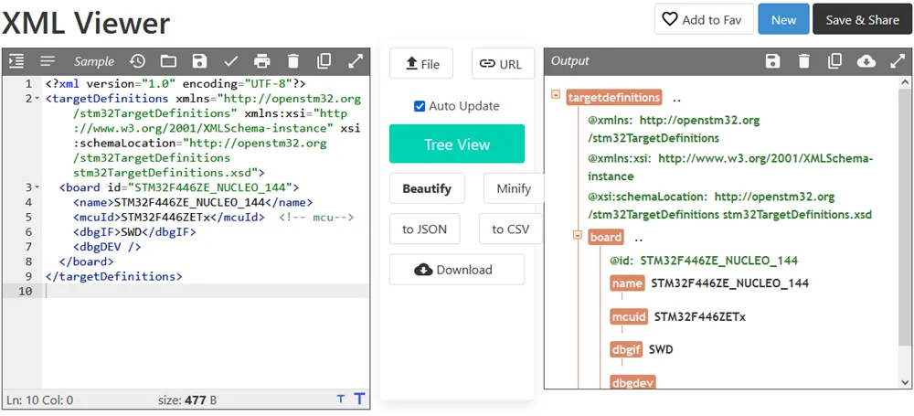 Giao diện trình chỉnh sửa XML trực tuyến CodeBeautify.org với chế độ xem dạng cây (Tree View) hiển thị cấu trúc dữ liệu.