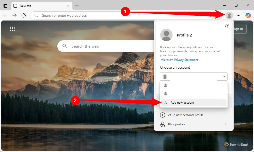 Giao diện trình duyệt Microsoft Edge, hướng dẫn người dùng chọn biểu tượng hồ sơ để thêm hoặc đăng nhập tài khoản Microsoft.