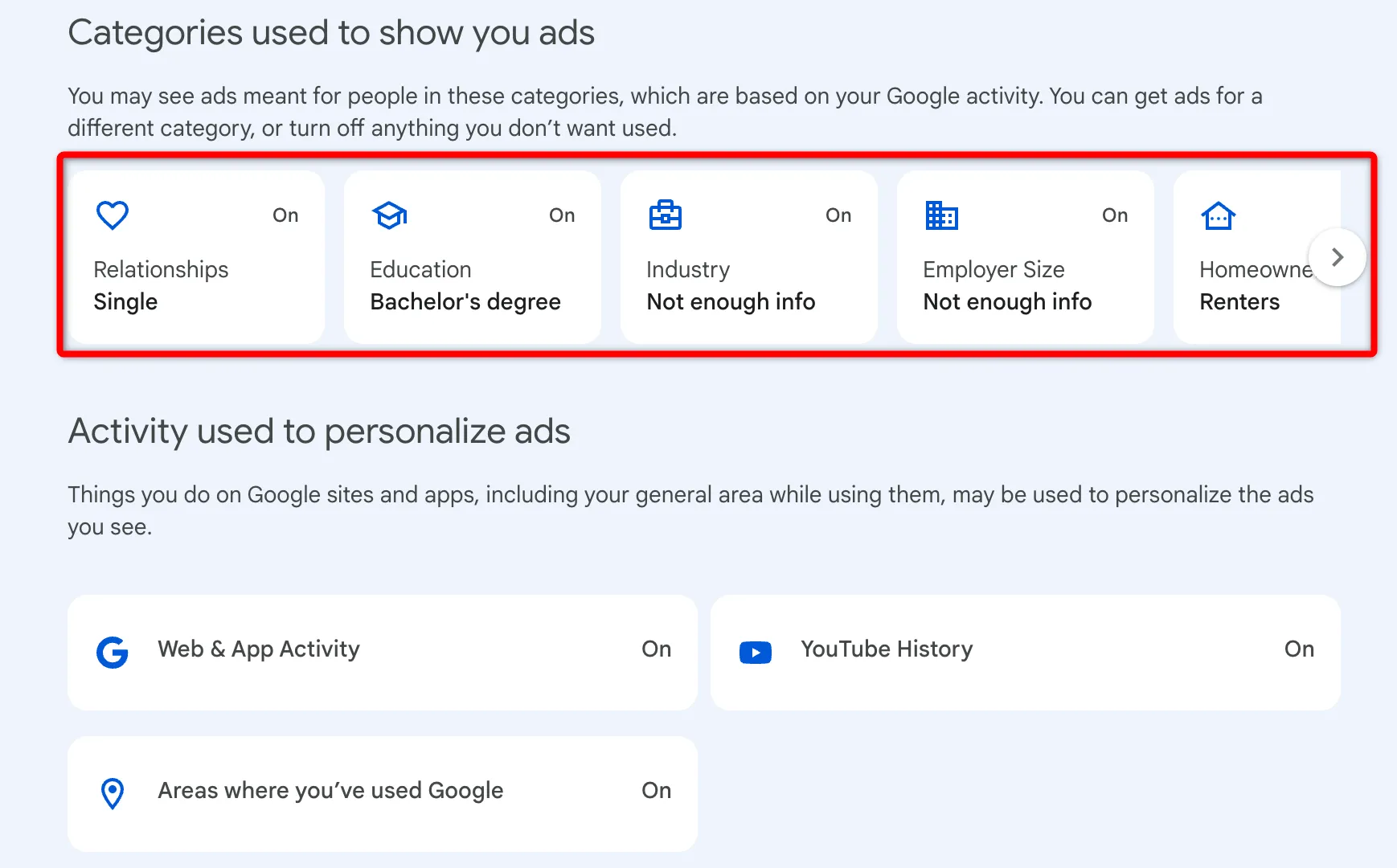 Giao diện tùy chỉnh cài đặt quảng cáo cá nhân hóa trên Google, cho phép người dùng điều chỉnh mức độ thu thập dữ liệu để hiển thị quảng cáo liên quan.
