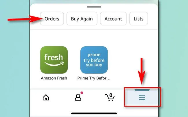 Giao diện ứng dụng Amazon trên điện thoại, nhấn vào biểu tượng menu hamburger và chọn &quot;Orders&quot; để xem lịch sử mua hàng.