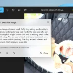 Giao diện ứng dụng Ảnh của Windows 11 với tính năng 'Mô tả hình ảnh' tạo chú thích tự động cho hình ảnh chú chó, minh họa khả năng AI hỗ trợ trợ năng và tối ưu SEO.