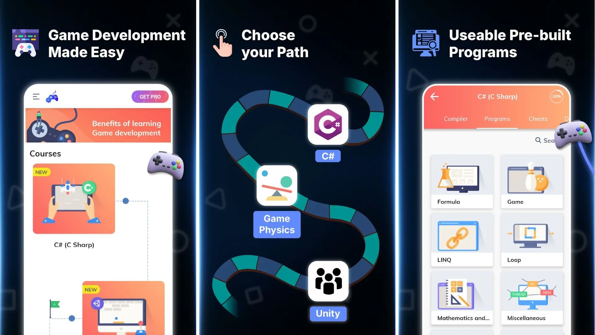 Giao diện ứng dụng &quot;Build Your First Game&quot; với các khóa học lập trình cơ bản như vòng lặp, toán học và phát triển game, phù hợp cho người mới bắt đầu học làm game Android.