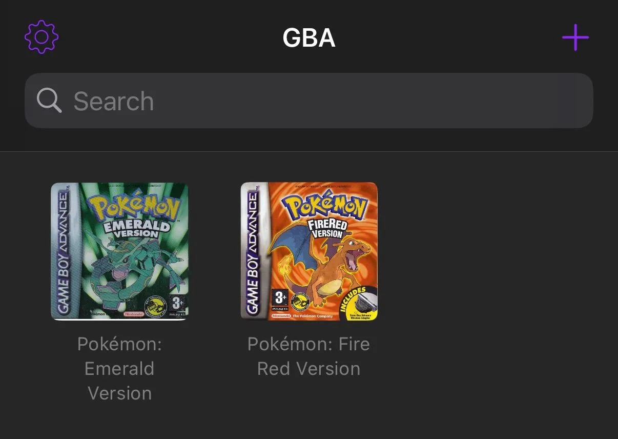 Giao diện ứng dụng Delta Emulator hiển thị thư viện game Pokémon đã được tải ROM, sẵn sàng để chơi trên iPhone