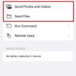 Giao diện ứng dụng KDE Connect trên iPhone hiển thị tùy chọn gửi ảnh, video và tệp tin đến máy tính Linux, giúp chuyển dữ liệu tiện lợi.