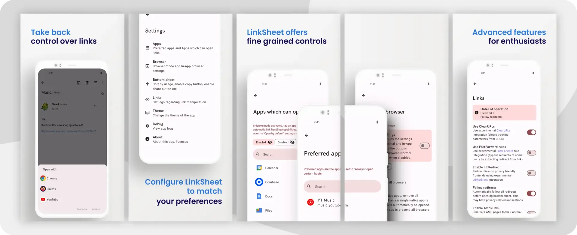 Giao diện ứng dụng Linksheet giúp người dùng Android kiểm soát việc mở liên kết, cho phép chọn ứng dụng cụ thể để mở các URL và quản lý hành vi mở liên kết mặc định.