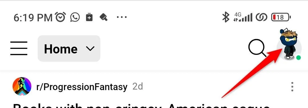Giao diện ứng dụng Reddit trên điện thoại di động, hiển thị biểu tượng hồ sơ người dùng.