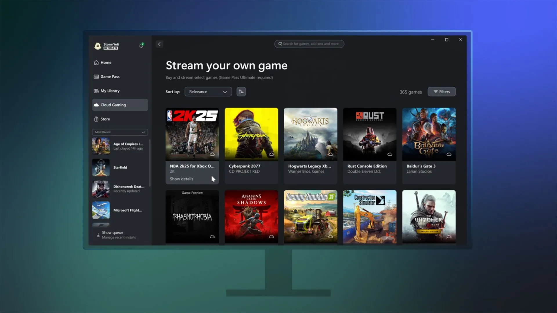 Giao diện ứng dụng Xbox trên máy tính cá nhân, cho phép người dùng truyền phát trực tiếp các tựa game Xbox từ console lên PC.