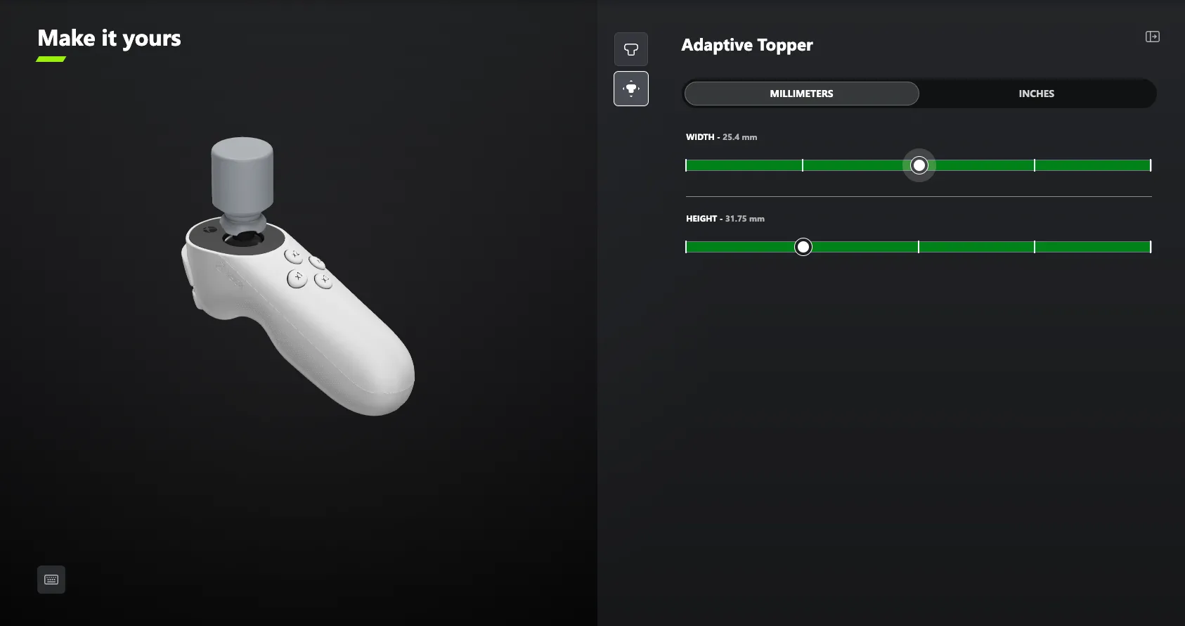 Giao diện Xbox Design Lab hiển thị thiết kế núm điều khiển tùy chỉnh, hỗ trợ game thủ tự tạo phụ kiện.