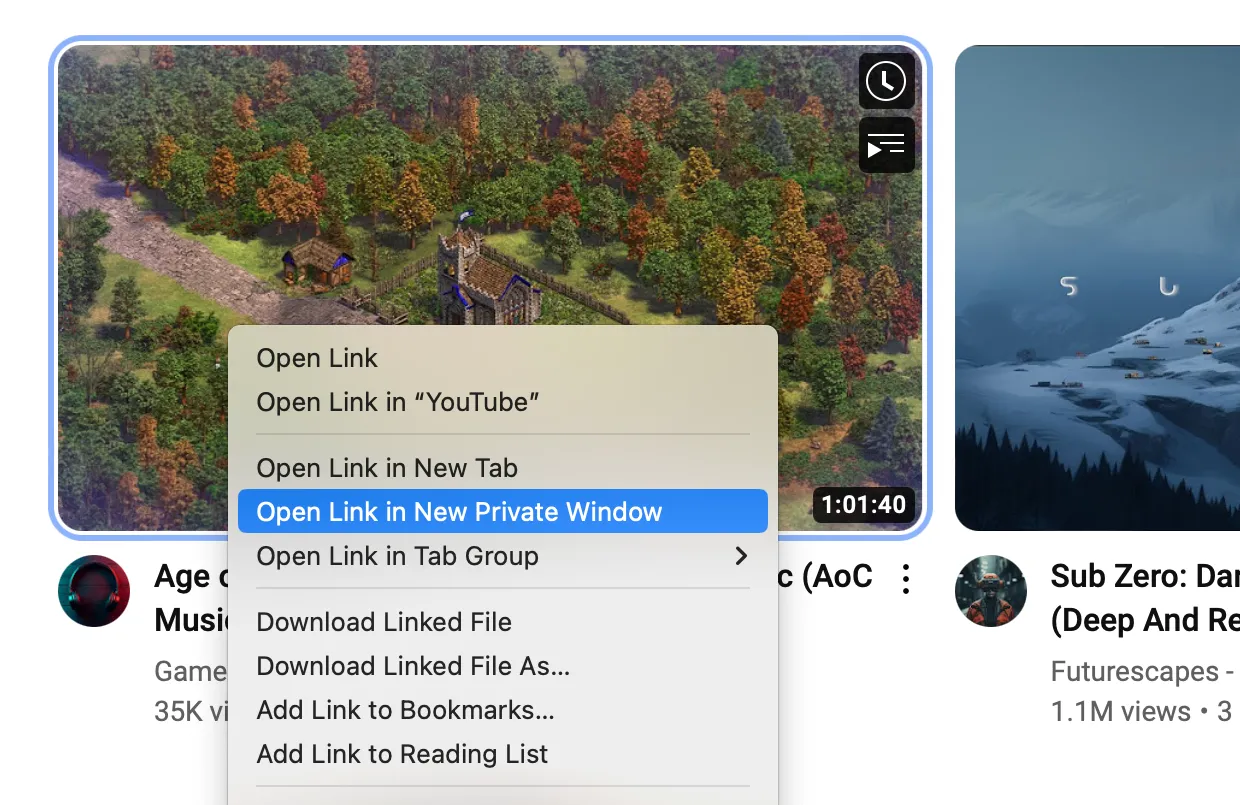 Giao diện YouTube hiển thị trong cửa sổ duyệt web riêng tư (Incognito mode) của trình duyệt Safari trên máy Mac, giúp người dùng xem video mà không ảnh hưởng đến lịch sử đề xuất.