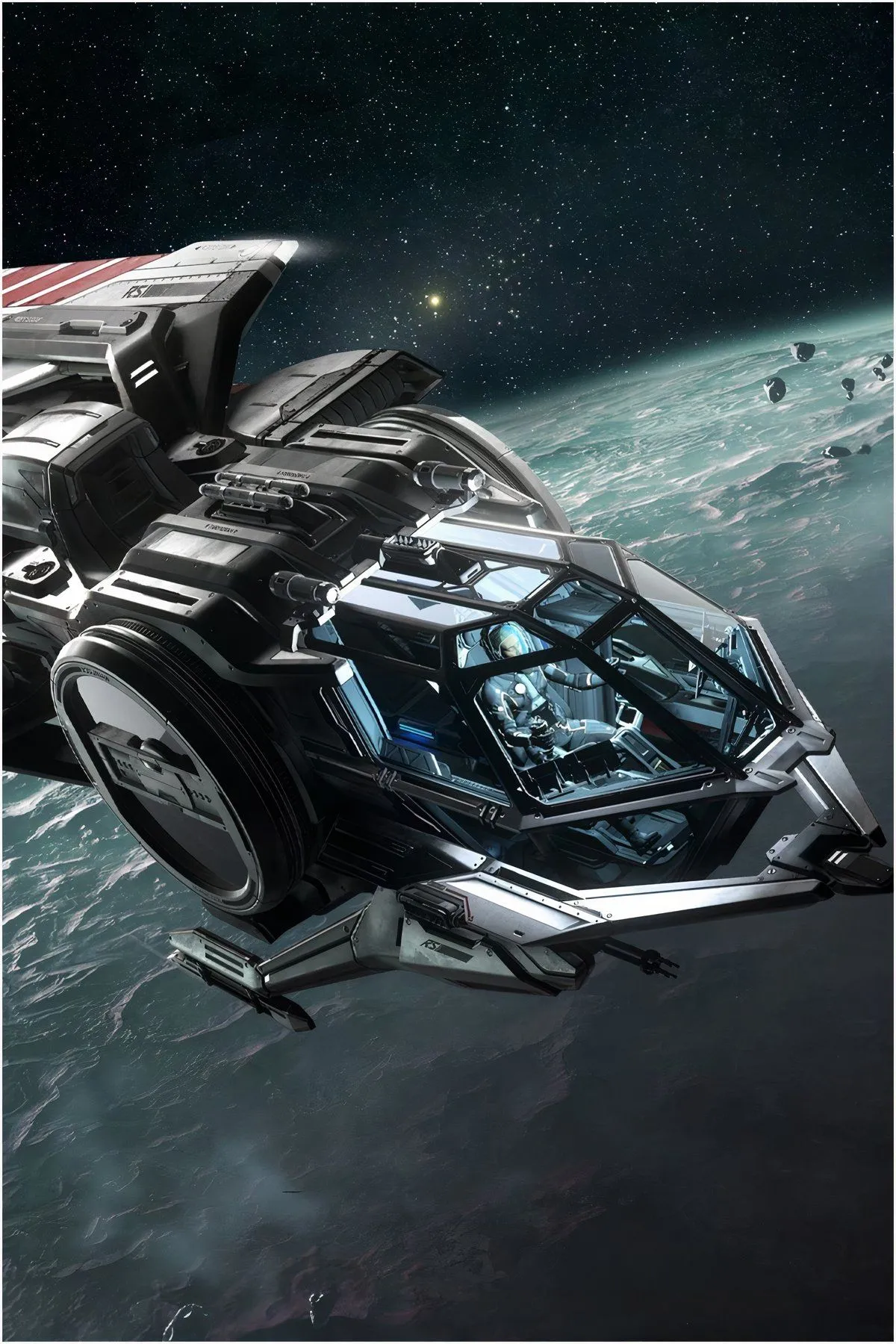 Góc nhìn buồng lái tàu vũ trụ chi tiết trong Star Citizen, với nhiều màn hình hiển thị và nút điều khiển, minh họa sự phức tạp của hệ thống mô phỏng bay và quản lý tài nguyên trong không gian.
