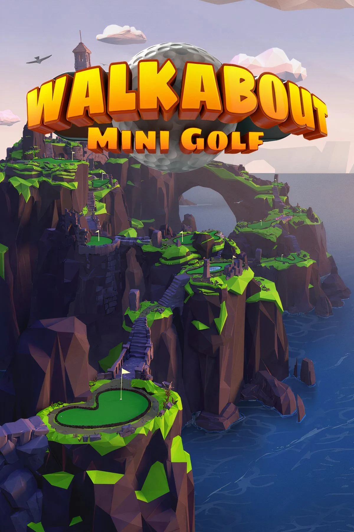 Góc nhìn từ kính thực tế ảo cho thấy người chơi đang chuẩn bị cú đánh golf trong môi trường game Walkabout Mini Golf VR, nổi bật sự tương tác tự nhiên.