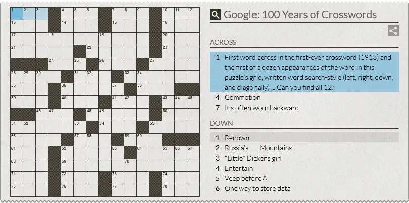 Google Doodle kỷ niệm 100 năm trò chơi ô chữ tương tác, với giao diện giải đố và từ khóa liên quan.