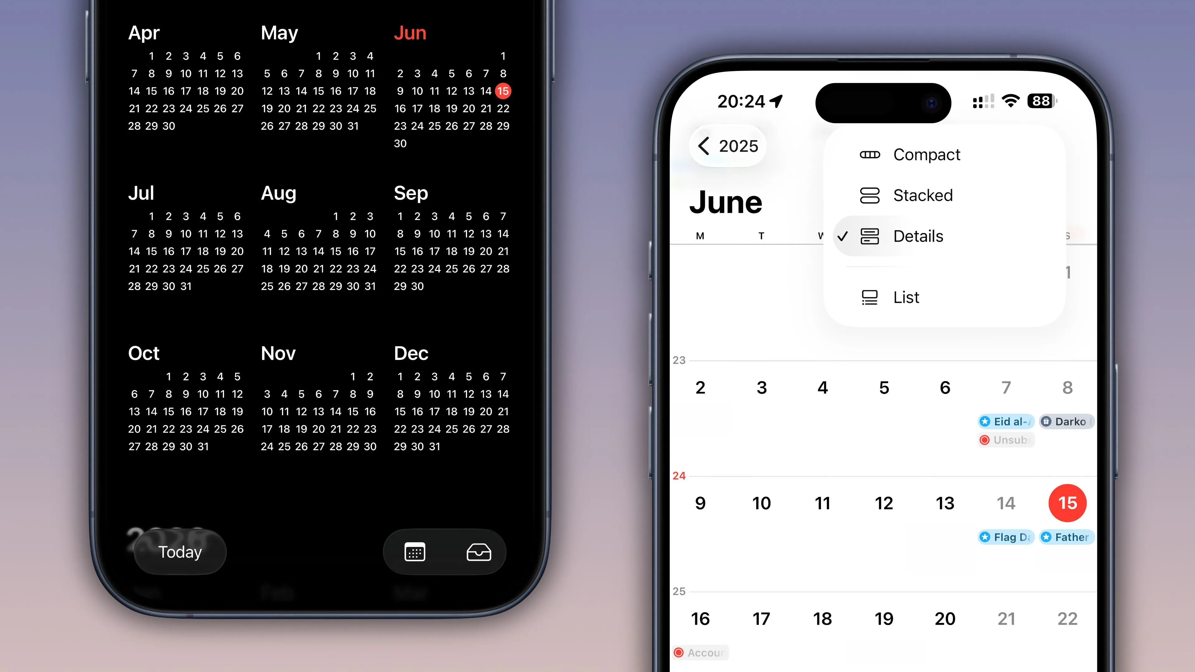 Hai ảnh chụp màn hình ứng dụng Lịch trên iOS 26, hiển thị giao diện mới và các tùy chọn xem năm.