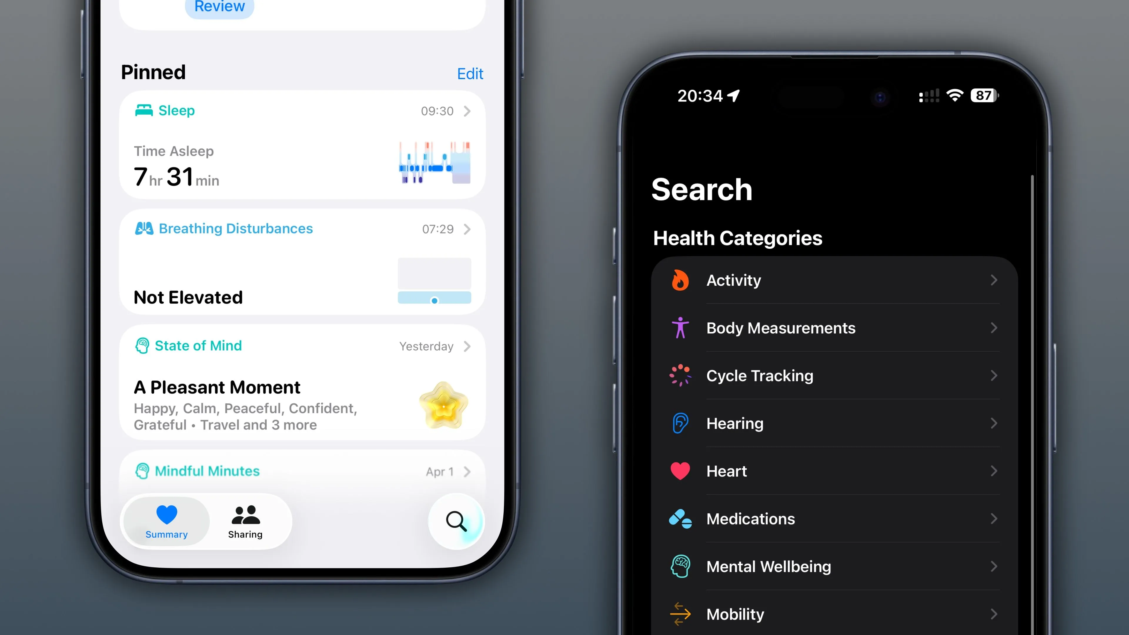 Hai ảnh chụp màn hình ứng dụng Sức khỏe trên iOS 26, hiển thị phần tóm tắt và tùy chọn tìm kiếm.