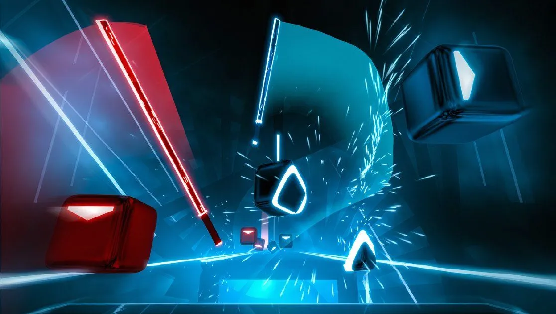 Hai thanh kiếm ánh sáng màu đỏ và xanh cắt xuyên qua các khối nhạc đang bay tới trong Beat Saber, game VR nhịp điệu gây nghiện.