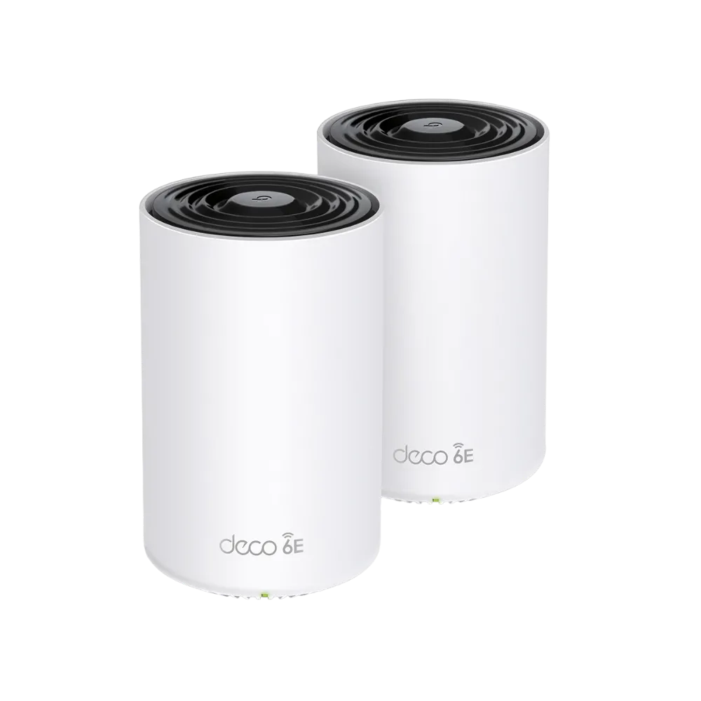 Hệ thống Wi-Fi Mesh TP-Link Deco XE75 gồm hai bộ phát màu trắng, thiết kế hình trụ, mang đến vùng phủ sóng Wi-Fi 6E rộng khắp cho ngôi nhà.