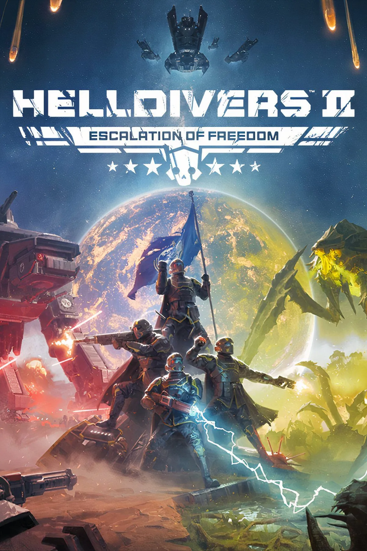 Helldivers 2, game bắn súng góc nhìn thứ ba co-op đầy kịch tính, người lính Helldiver đối mặt quái vật ngoài hành tinh.
