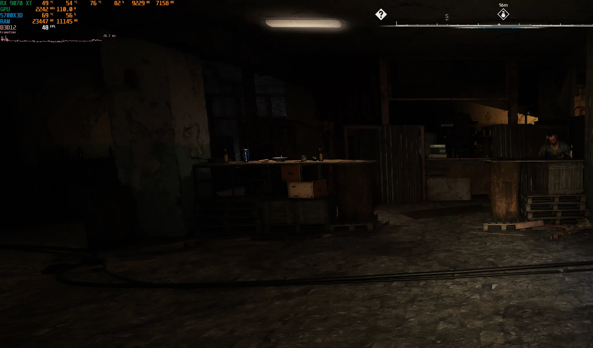 Hiệu suất chơi game trong khu định cư đông đúc của S.T.A.L.K.E.R. 2, cho thấy GPU sử dụng thấp và FPS giảm mạnh do nghẽn cổ chai từ CPU.