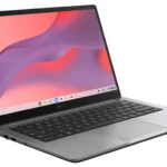 Hình ảnh ASUS Chromebook CX14 nhìn nghiêng, hiển thị thiết kế mỏng nhẹ và màu xám sang trọng, phù hợp cho người dùng di động và học sinh.