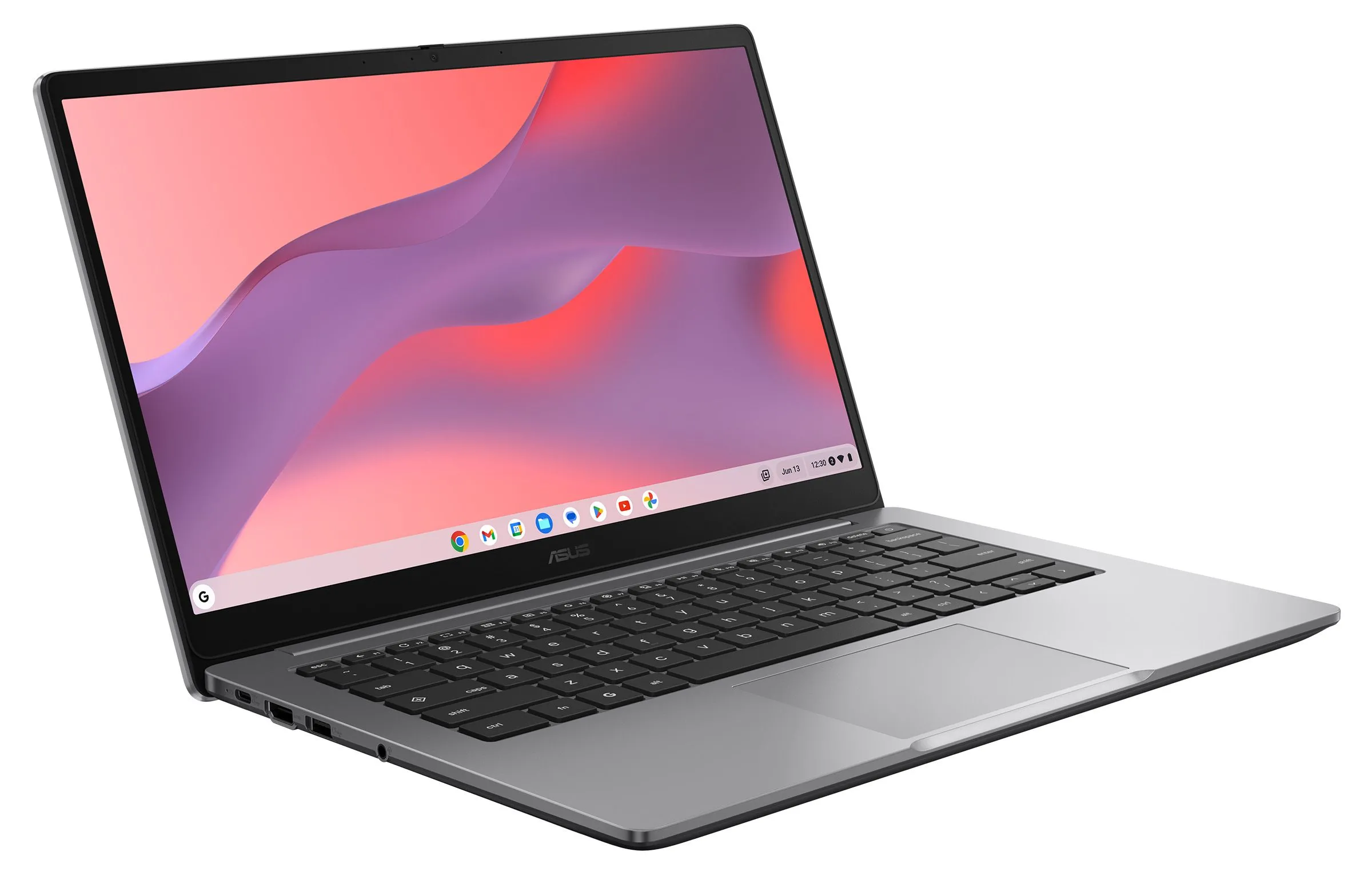 Hình ảnh ASUS Chromebook CX14 nhìn nghiêng, hiển thị thiết kế mỏng nhẹ và màu xám sang trọng, phù hợp cho người dùng di động và học sinh.