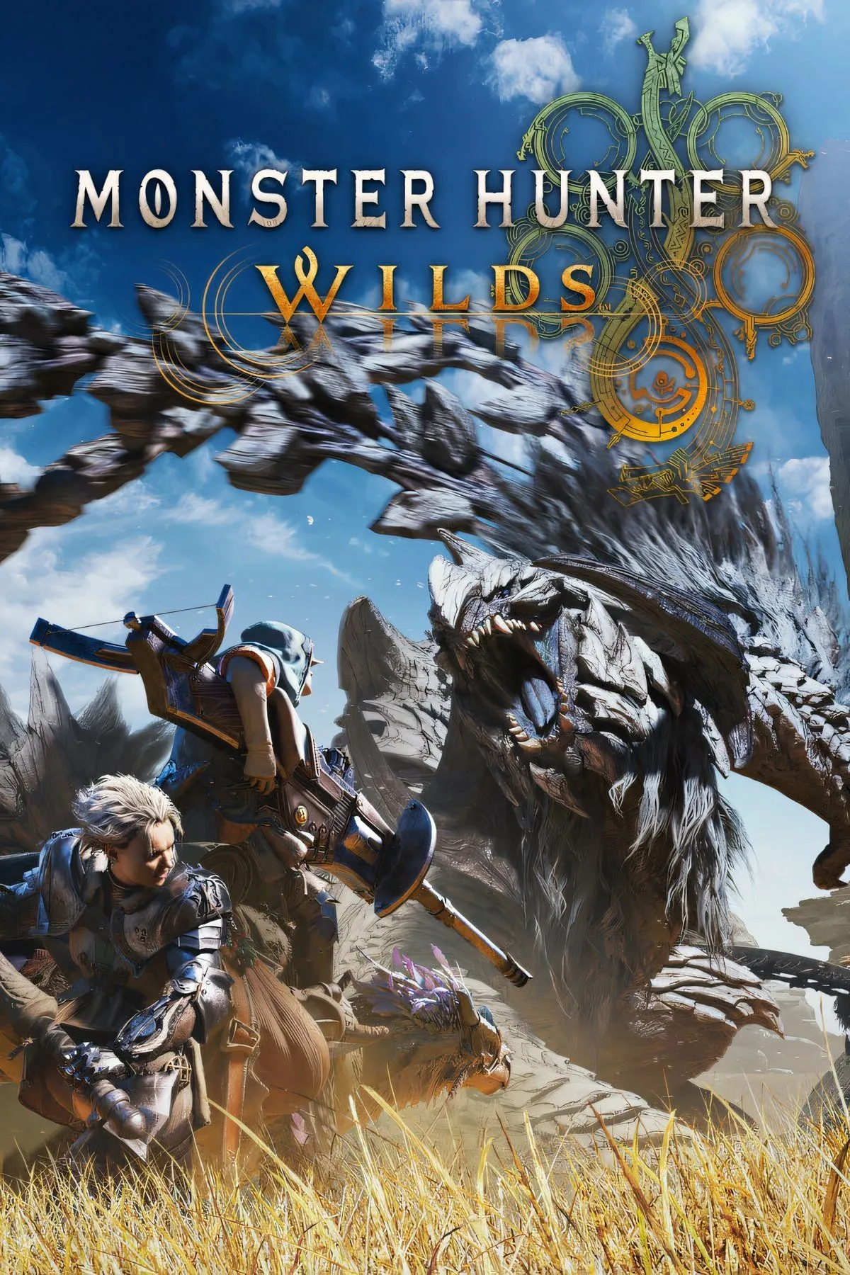 Hình ảnh bìa của Monster Hunter Wilds với nhân vật thợ săn và quái vật khổng lồ, thể hiện phong cách game hành động phiêu lưu.