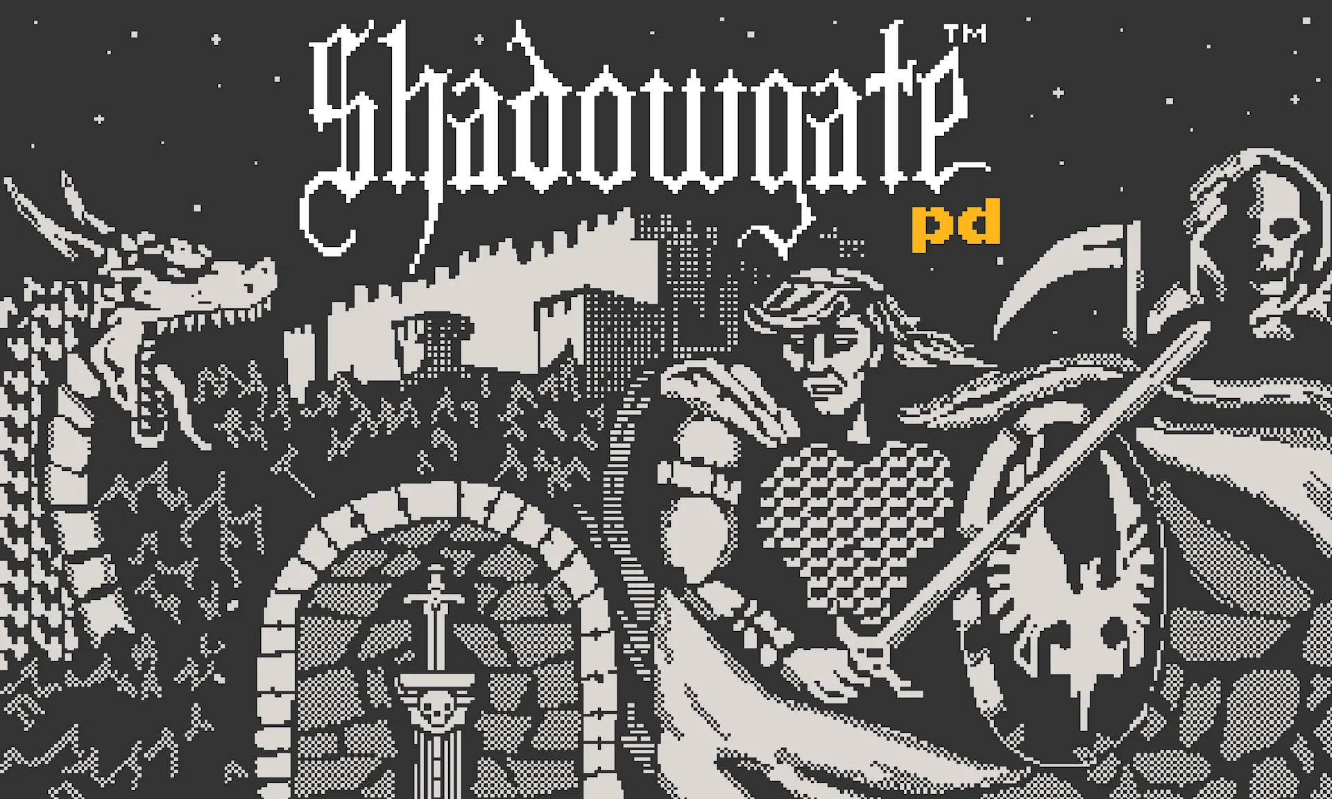 Hình ảnh bìa của Shadowgate PD, một phiên bản của tựa game phiêu lưu kinh điển được chuyển thể cho máy Playdate, dù có hạn chế nhưng vẫn đáng khen ngợi.