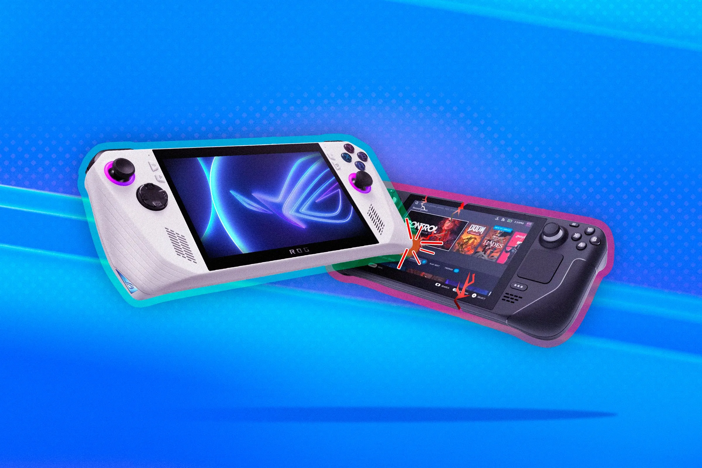 Hình ảnh biểu tượng ASUS ROG Ally và Steam Deck đối đầu, minh họa sự cạnh tranh và khác biệt về thiết kế joystick giữa các máy chơi game cầm tay phổ biến.