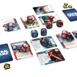 Hình ảnh cận cảnh game để bàn Star Wars Destiny với các quân xúc xắc và thẻ bài được sắp xếp trên bàn chơi, thể hiện một trận đấu kịch tính giữa các nhân vật biểu tượng của hai phe Sáng và Tối.