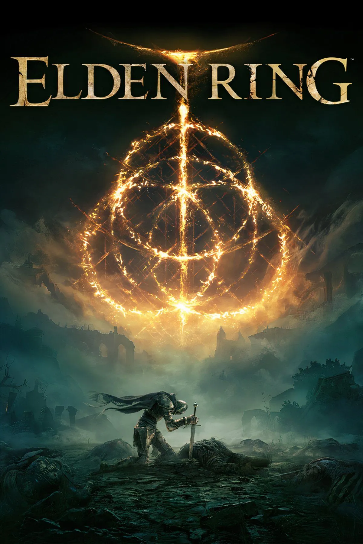 Hình ảnh cận cảnh vũ khí Ngón Tay Có Nhẫn (Ringed Finger) từ game Elden Ring, cho thấy kích thước khổng lồ và các chiếc nhẫn vàng trên đó.