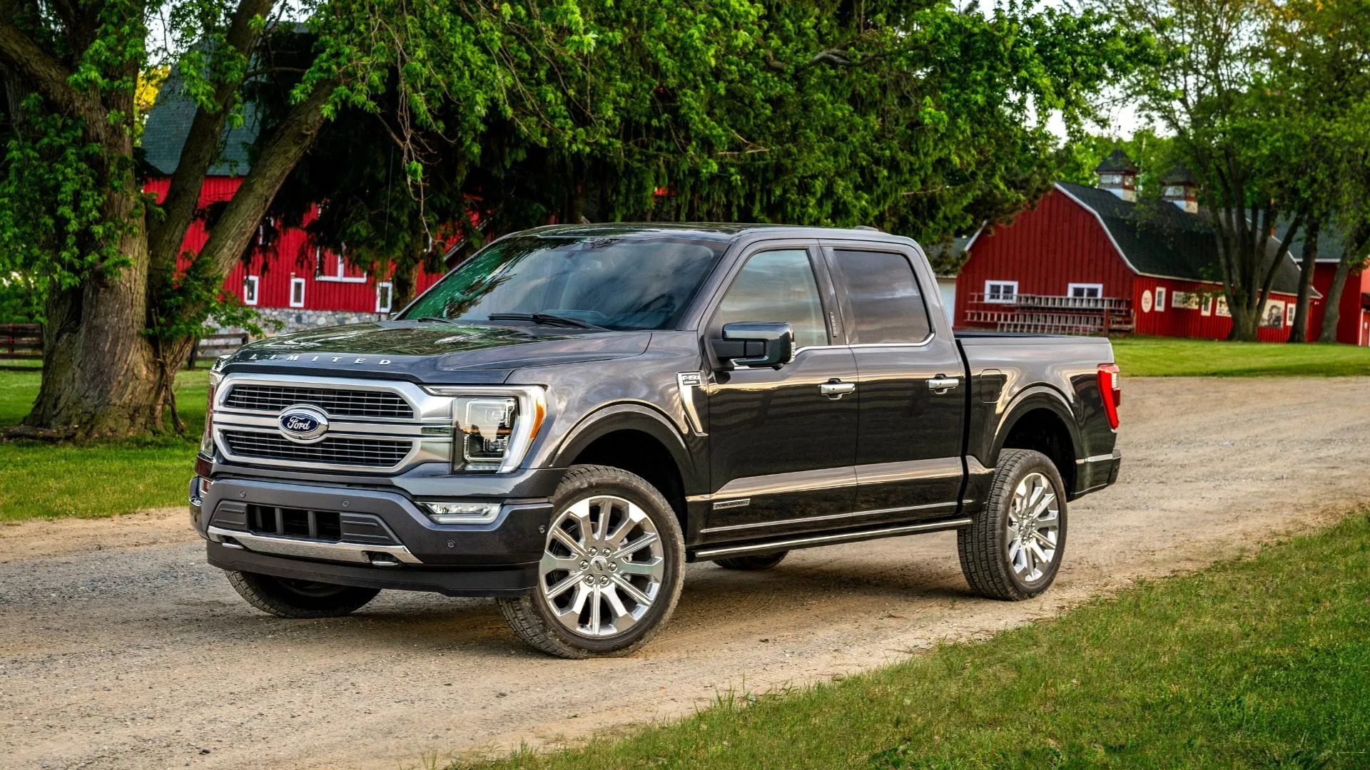 Hình ảnh cận cảnh xe bán tải Ford F-150 màu xám đời 2021 đỗ trên nền sỏi, thể hiện sự mạnh mẽ và bền bỉ của dòng xe thống trị phân khúc bán tải cỡ lớn.