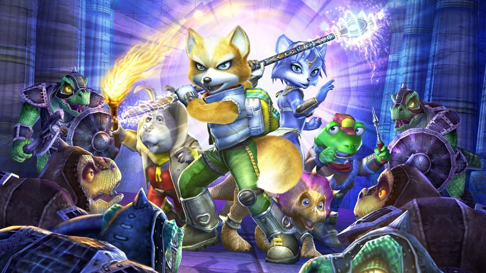 Hình ảnh chính thức của Star Fox Adventures, với Fox McCloud trên hành tinh đầy khủng long.