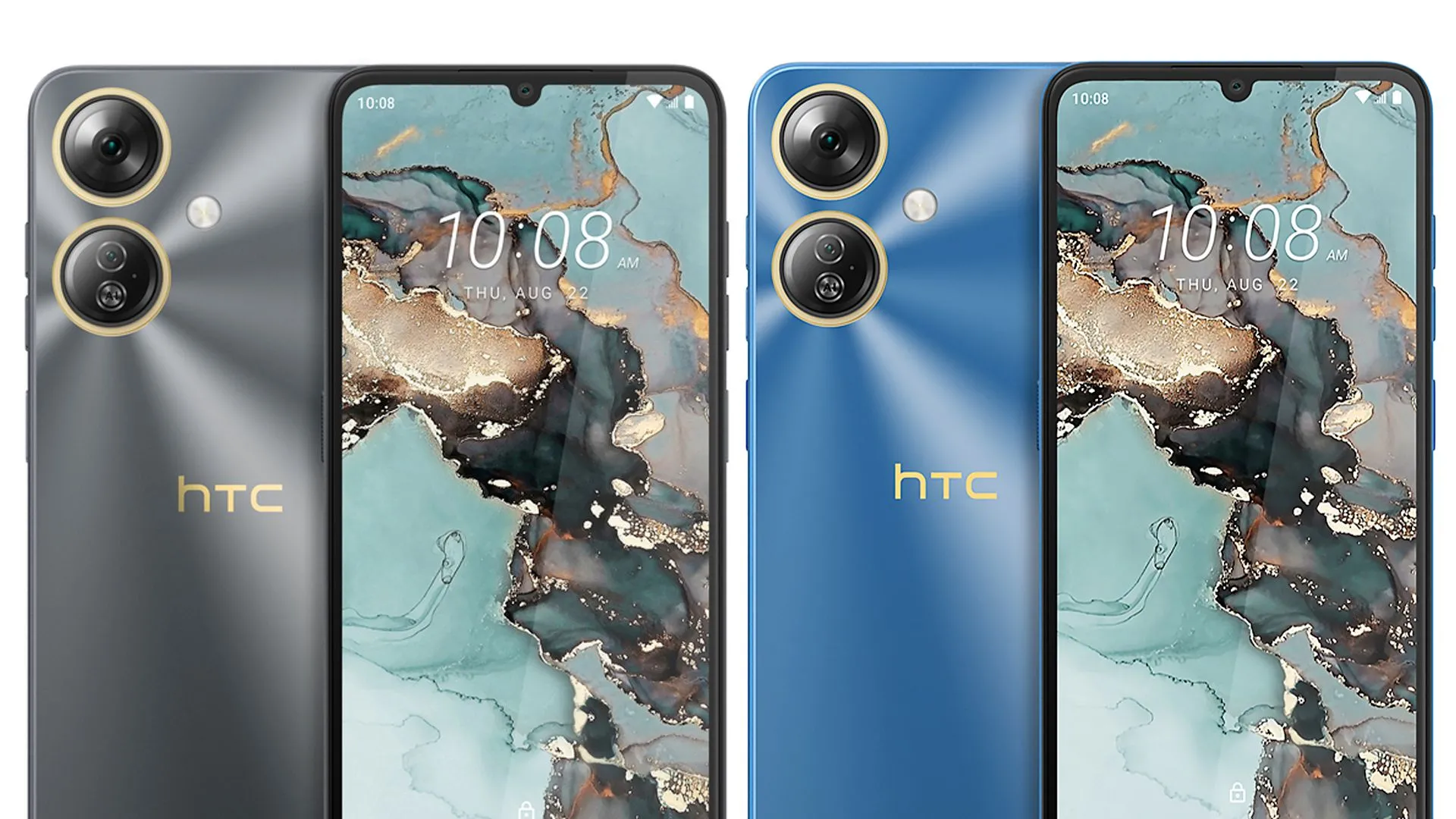 Hình ảnh điện thoại HTC Wildfire E5 Plus với hai tùy chọn màu sắc xám và xanh dương, thể hiện thiết kế cơ bản của dòng smartphone giá rẻ.