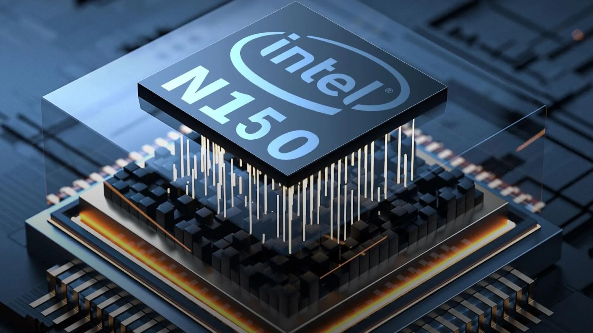 Hình ảnh đồ họa chip Intel N150, bộ vi xử lý hiệu quả cho các mẫu máy tính mini giá rẻ.