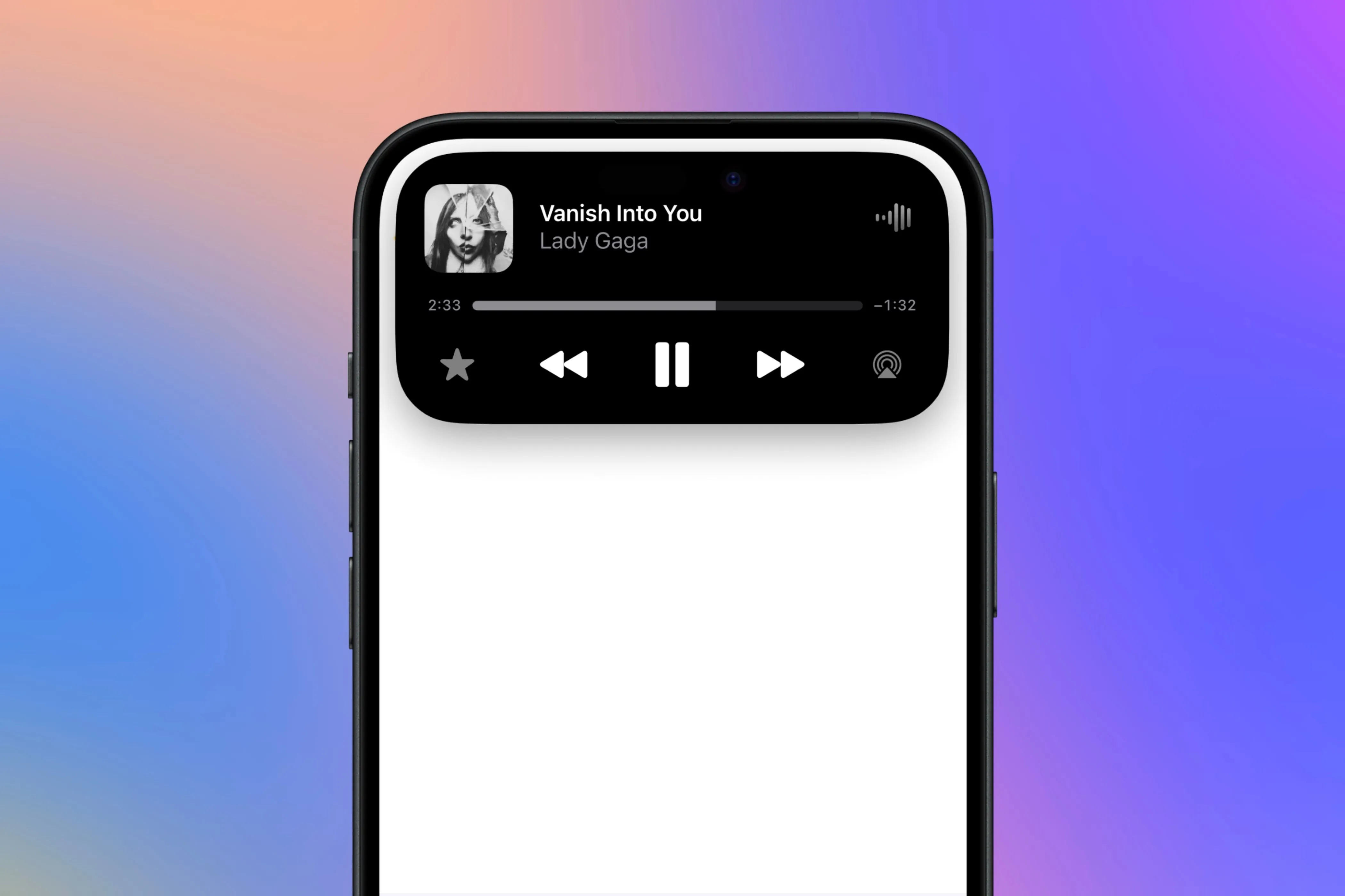 Hình ảnh Dynamic Island trên iPhone hiển thị thông tin nhạc đang phát, cho phép người dùng điều khiển phát/tạm dừng trực tiếp từ khu vực này, minh họa tính năng hoạt động linh hoạt của Đảo Động.