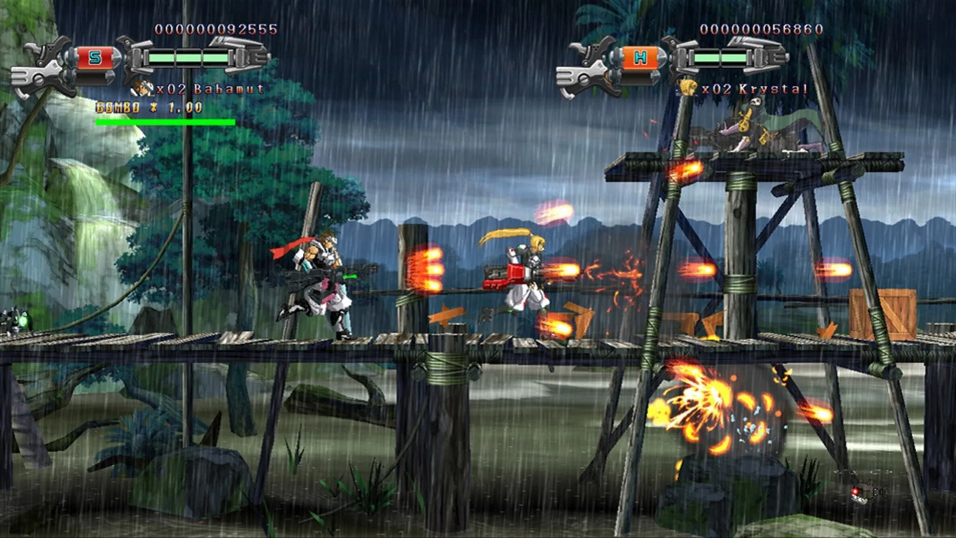 Hình ảnh gameplay từ Hard Corps Uprising, một phiên bản hiện đại của thể loại run-and-gun, cho thấy sự phát triển đồ họa nhưng vẫn giữ lối chơi 2D truyền thống.