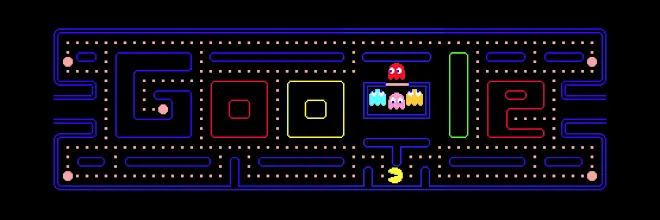 Hình ảnh Google Doodle kỷ niệm 30 năm Pac-Man, phiên bản trò chơi arcade cổ điển có thể chơi trực tiếp trên logo Google.