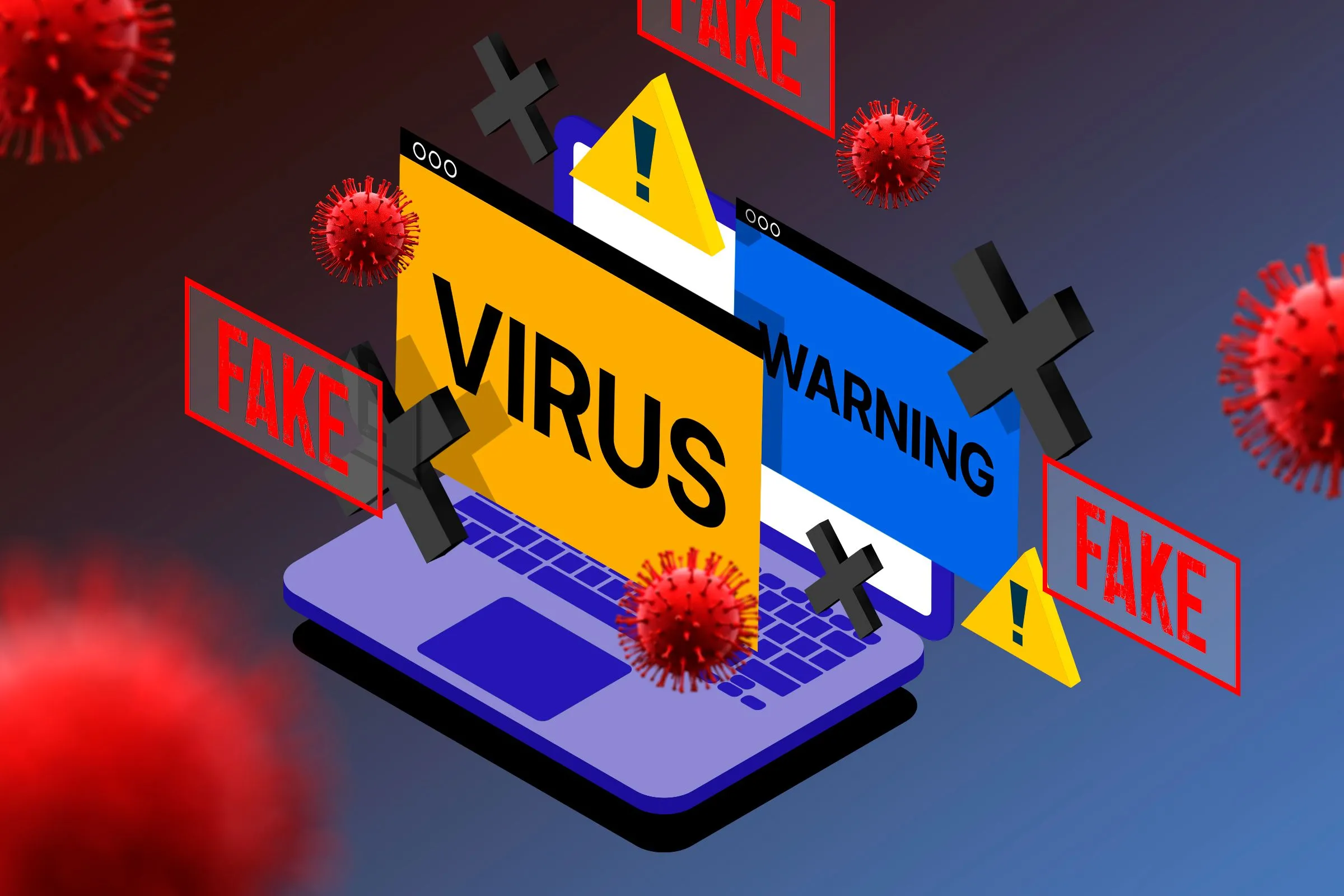 Hình ảnh laptop với biểu tượng cảnh báo và virus, thể hiện rủi ro bảo mật tiềm ẩn cho Windows khi vô hiệu hóa Secure Boot trong cấu hình dual boot