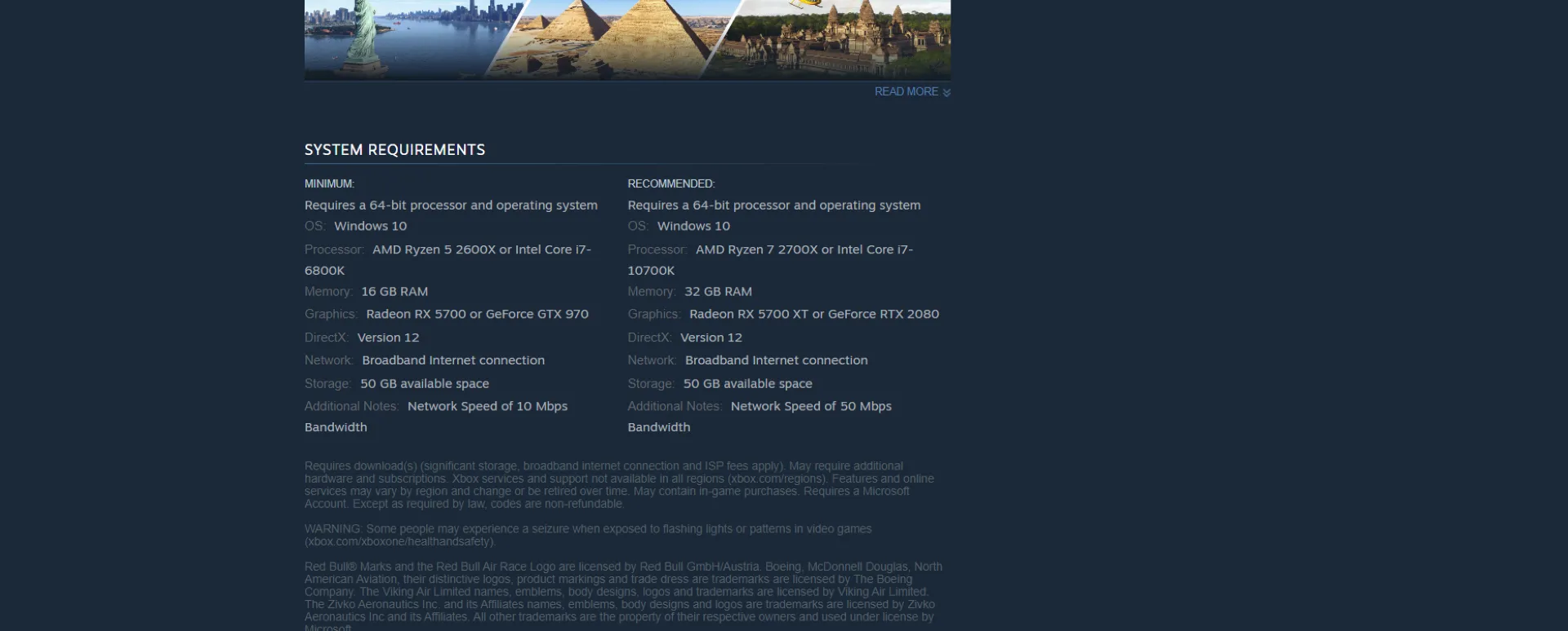 Hình ảnh màn hình Steam hiển thị cấu hình yêu cầu RAM cho game Microsoft Flight Simulator 2024.