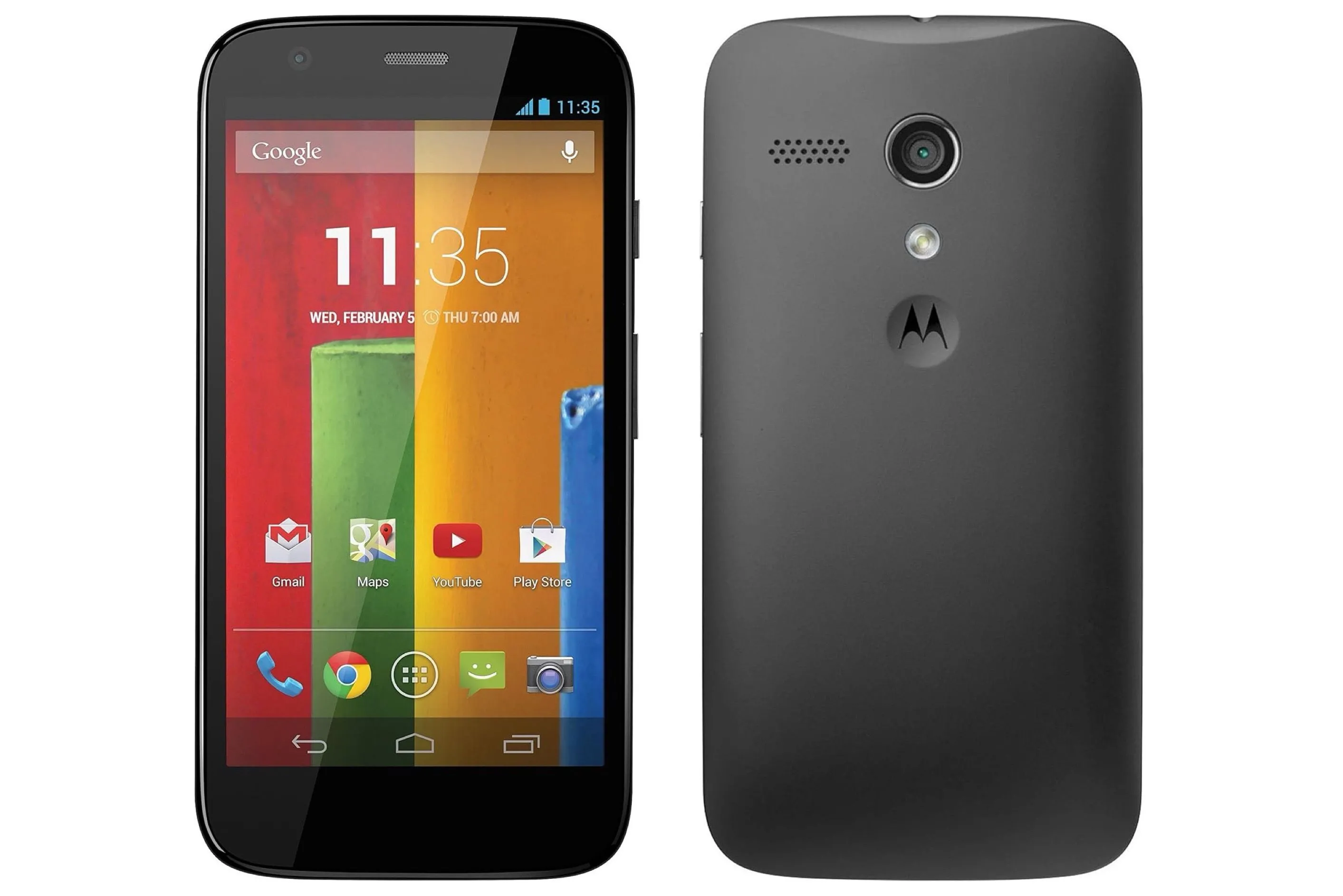 Hình ảnh mặt trước và mặt sau của điện thoại Motorola Moto G 4G màu đen, nổi bật với thiết kế nhỏ gọn và khả năng thay đổi nắp lưng độc đáo.