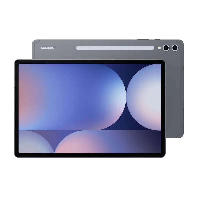Hình ảnh mặt trước và mặt sau của máy tính bảng Samsung Galaxy Tab S10 Plus màu xám, thể hiện thiết kế cao cấp và camera
