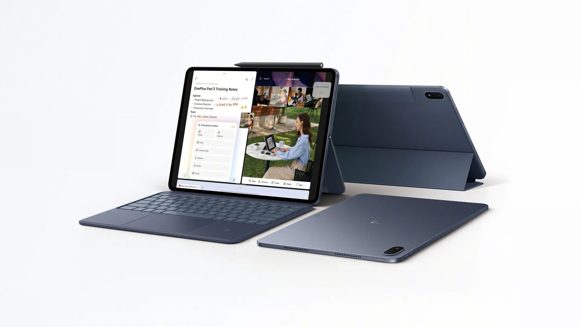 Hình ảnh máy tính bảng OnePlus Pad 3 màu Xanh Bão, hiển thị thiết kế tinh tế với màn hình lớn và hệ thống camera được tối ưu, minh họa cho thiết bị Android cao cấp sắp ra mắt.