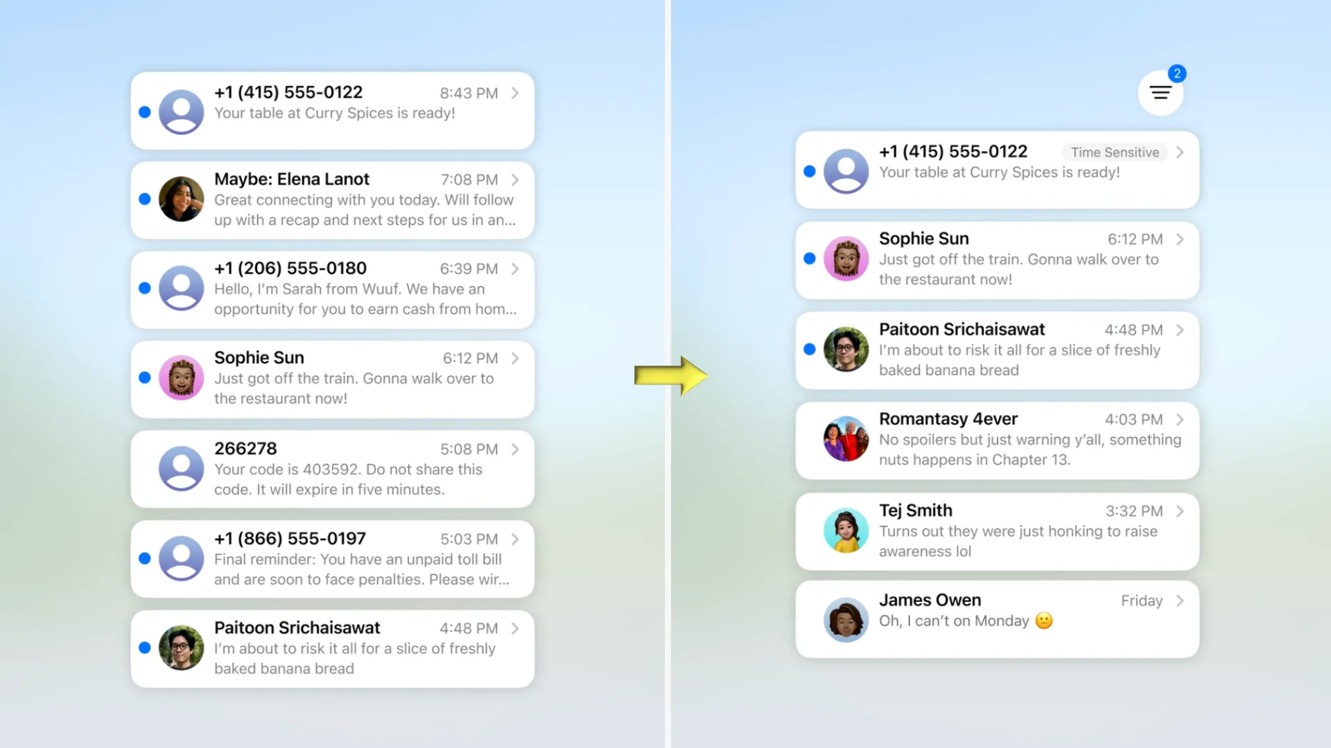 Hình ảnh minh họa tính năng Lọc Tin Nhắn từ người gửi không xác định trong Tin nhắn Apple trên iOS 26, giúp quản lý hộp thư hiệu quả.