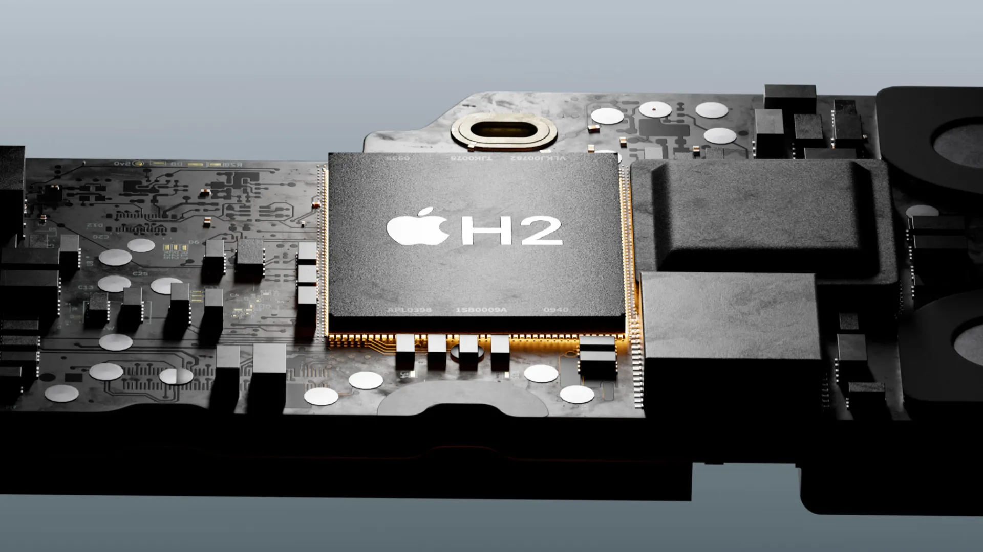 Hình ảnh mô phỏng chip H2 của Apple tích hợp trong tai nghe Powerbeats Pro 2, biểu thị công nghệ xử lý âm thanh tiên tiến.