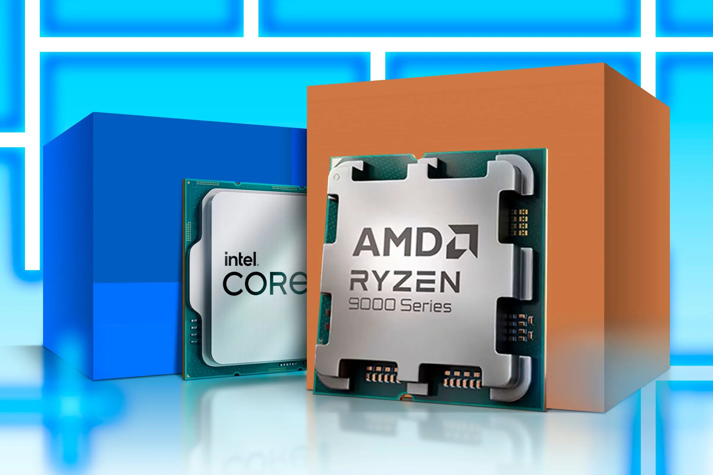 Hình ảnh một CPU Intel và một CPU AMD, tượng trưng cho sự cạnh tranh giữa hai gã khổng lồ x86 và nguy cơ bị chip Arm soán ngôi.