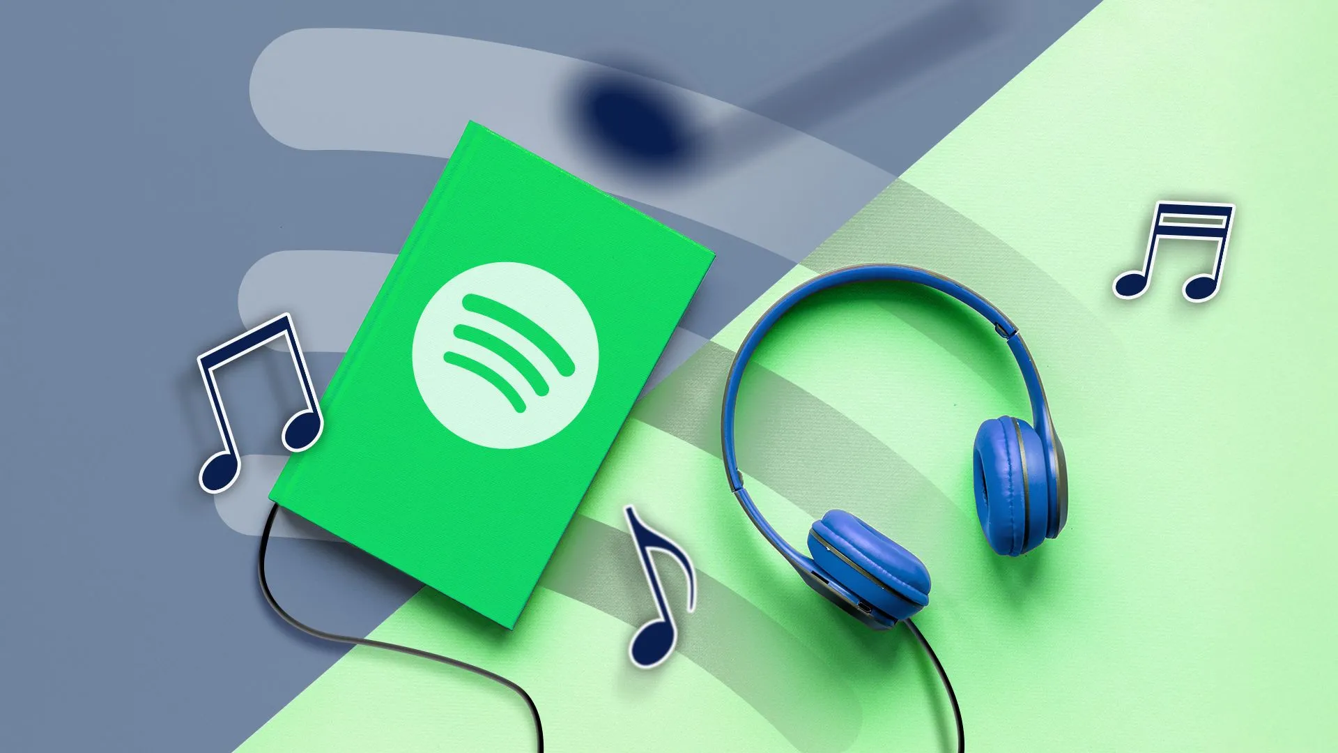 Hình ảnh một người đang nghe sách nói qua tai nghe trên ứng dụng Spotify, minh họa tính năng sách nói cho các thành viên trong gói gia đình.