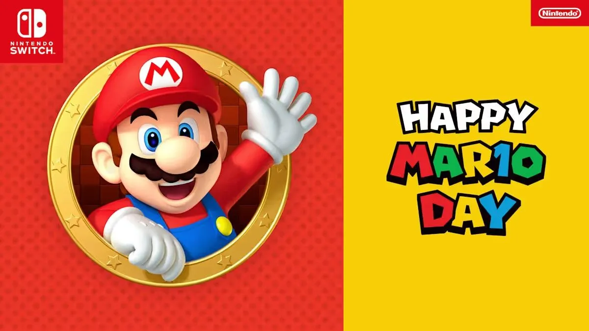Hình ảnh nhân vật Super Mario vui vẻ bước ra từ khung cửa tròn, tượng trưng cho Ngày MAR10 với nhiều khuyến mãi game của Nintendo.