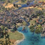Hình ảnh quản lý thành phố trong game chiến thuật Civilization VII trên Nintendo Switch 2, thể hiện giao diện người dùng và các công trình phát triển nền văn minh.
