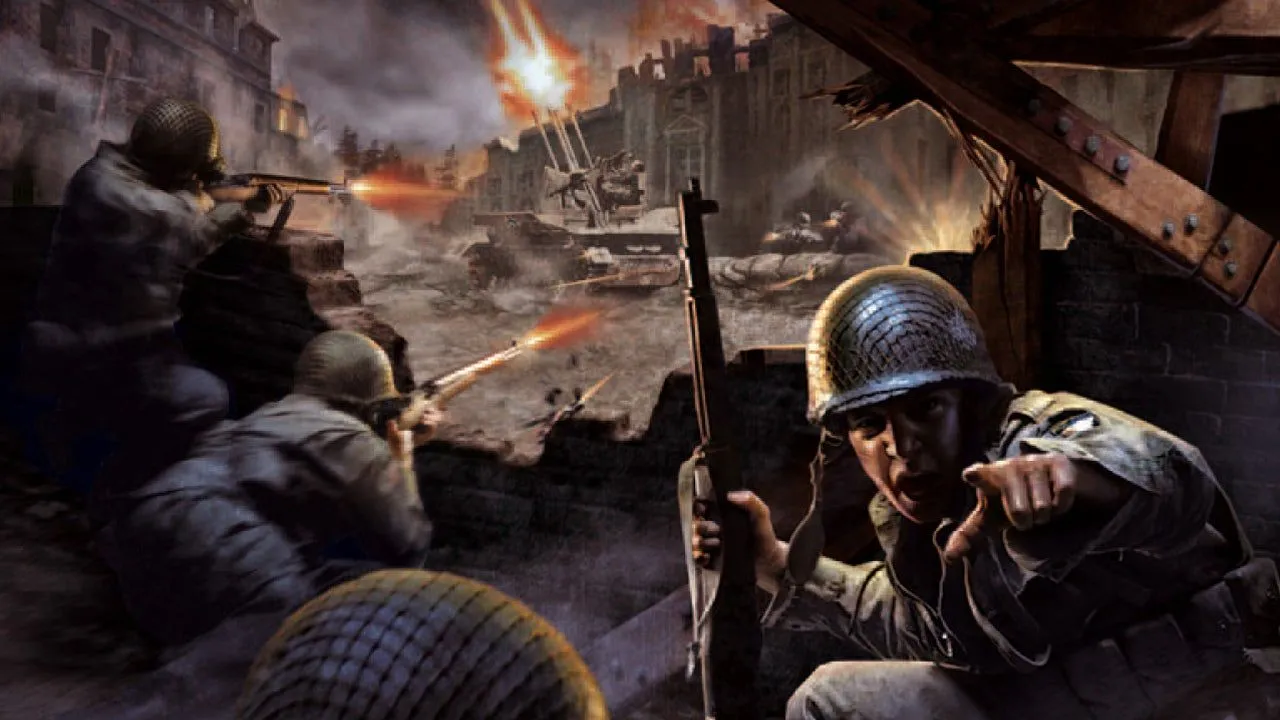 Hình ảnh quảng bá game Call of Duty (2003) với nhóm binh lính trên chiến trường khốc liệt, tượng trưng cho phong cách chiến tranh hiện thực.