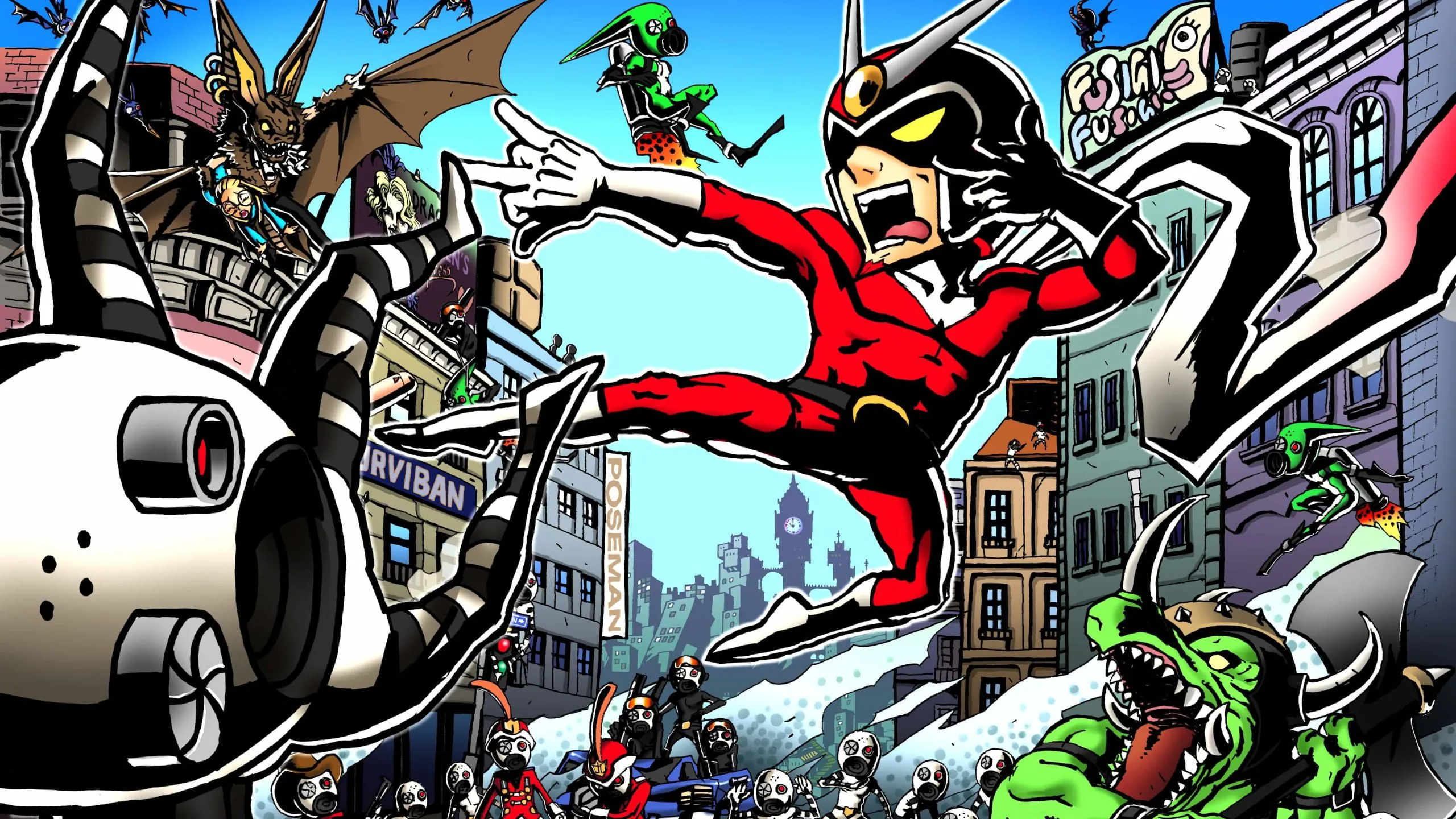 Hình ảnh quảng cáo của Viewtiful Joe, với nhân vật chính tạo dáng anh hùng.