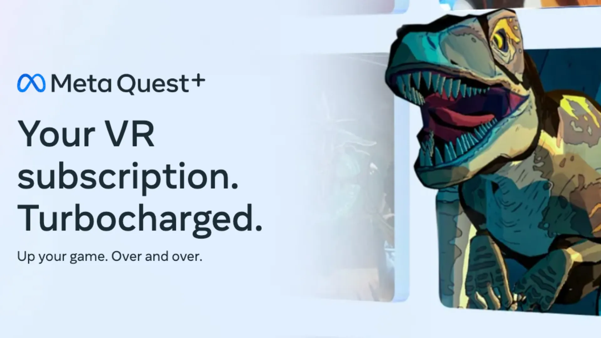 Hình ảnh quảng cáo dịch vụ Meta Quest+ với khủng long T. Rex, giới thiệu gói đăng ký trò chơi VR của Meta.